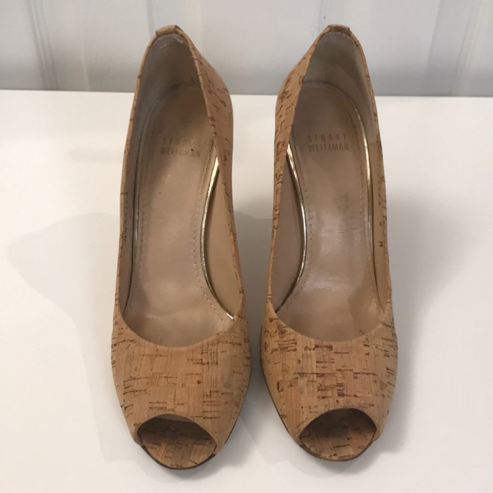 Stuart Weitzman cork, peep toe heels - Picture 1 of 6